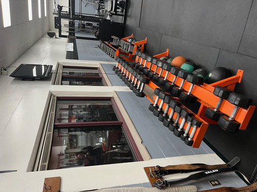 Free weights in the fitness center.